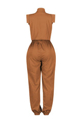Cargo style jogger jumpsuit with high neck collar featuring elasticized cinched waistband and utility pockets
Comes with a detachable belt