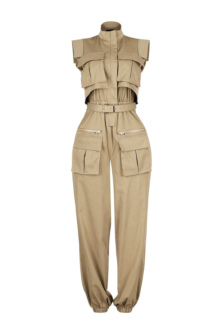 Cargo style jogger jumpsuit with high neck collar featuring elasticized cinched waistband and utility pockets
Comes with a detachable belt