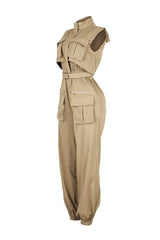 Cargo style jogger jumpsuit with high neck collar featuring elasticized cinched waistband and utility pockets
Comes with a detachable belt