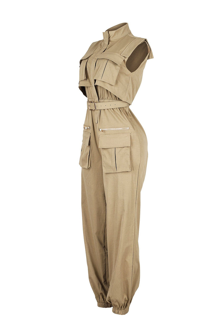 Cargo style jogger jumpsuit with high neck collar featuring elasticized cinched waistband and utility pockets
Comes with a detachable belt