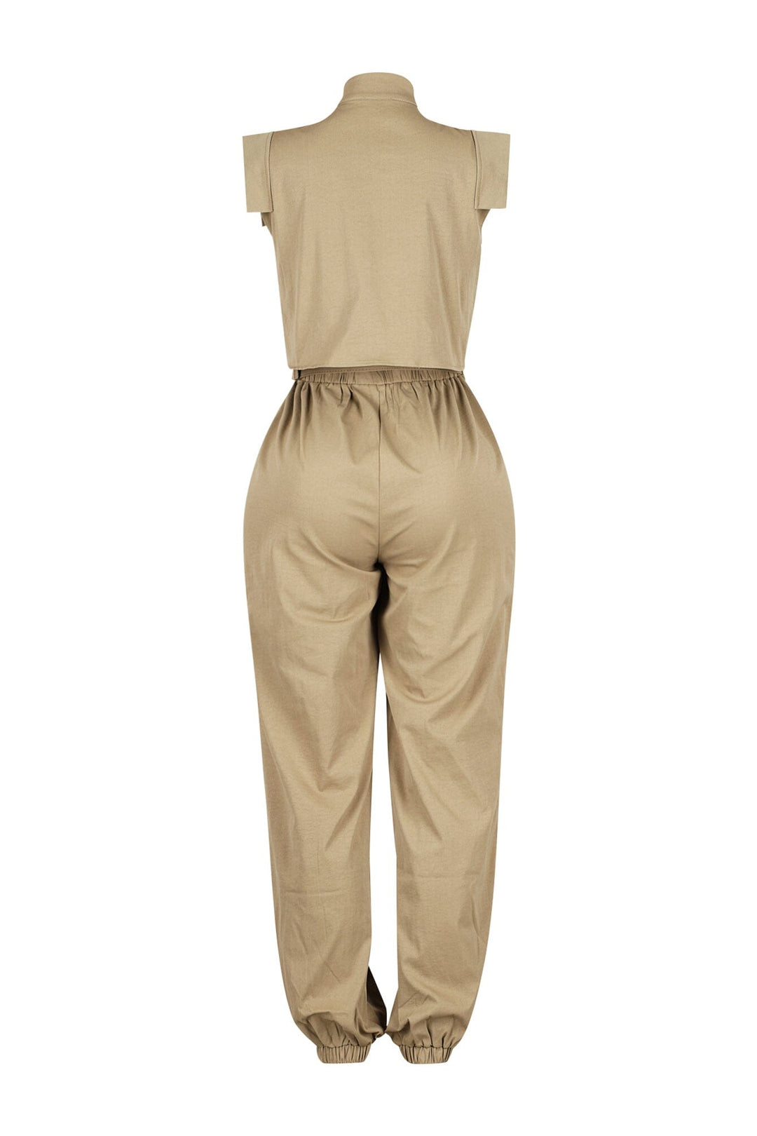 Cargo style jogger jumpsuit with high neck collar featuring elasticized cinched waistband and utility pockets
Comes with a detachable belt