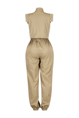 Cargo style jogger jumpsuit with high neck collar featuring elasticized cinched waistband and utility pockets
Comes with a detachable belt