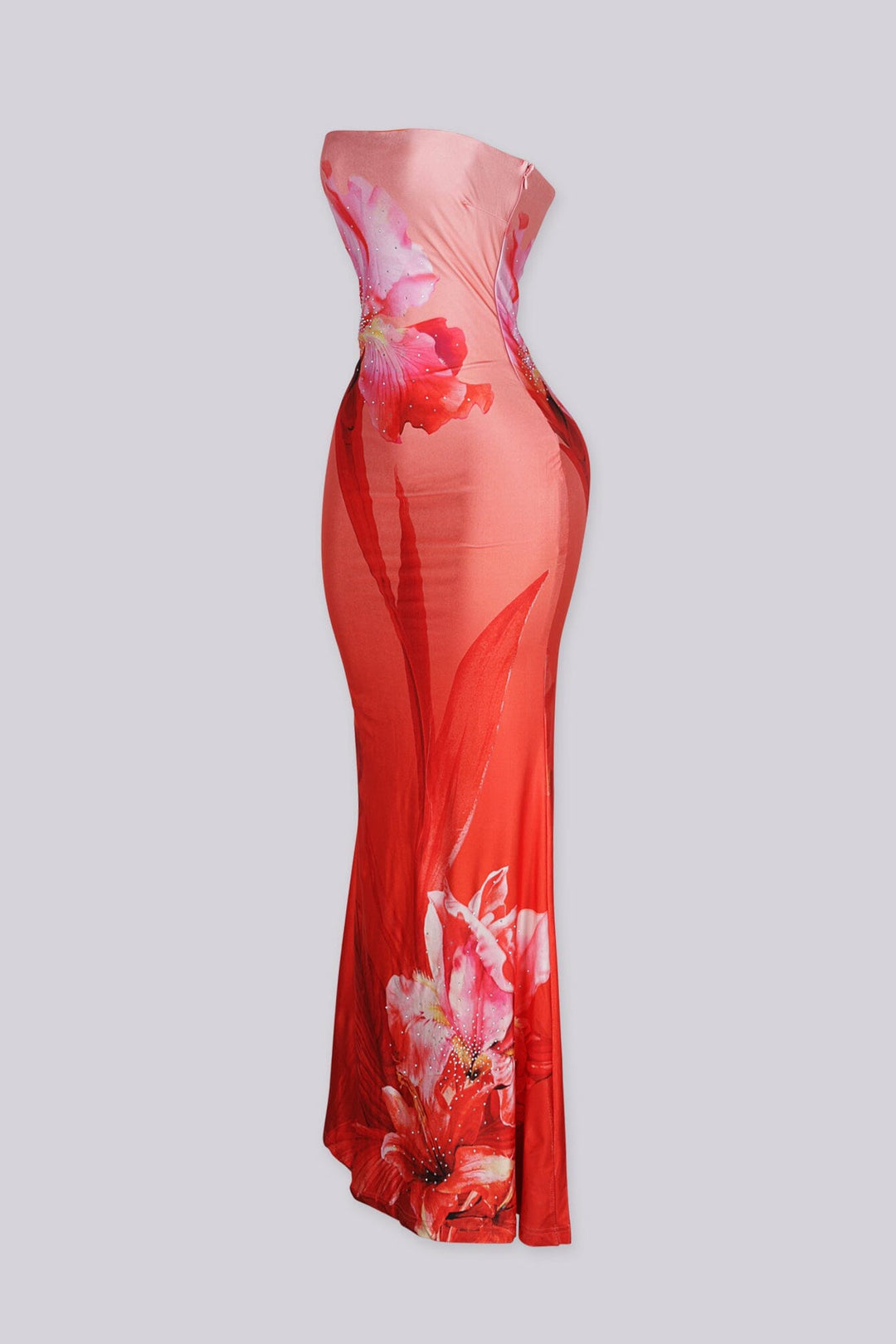 Floral print tube top maxi dress featuring a flowy silhouette and rhinestone embellishments, Fully lined