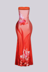 Floral print tube top maxi dress featuring a flowy silhouette and rhinestone embellishments, Fully lined