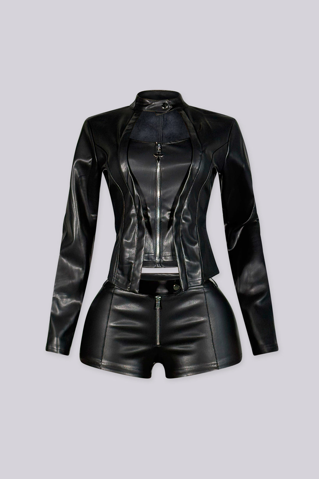 Cropped moto jacket with a stand collar and snap closure featuring princess seams and a front zipper with charm pull