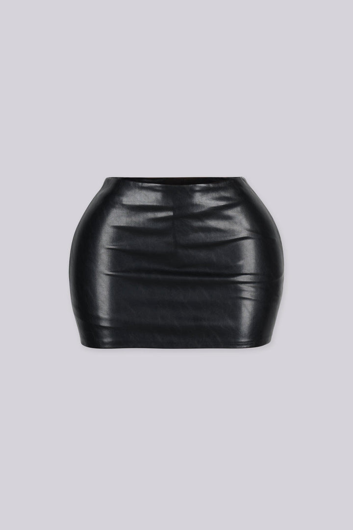 High waisted faux leather mini skirt with a smooth fitted waistband