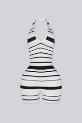 Striped knit halter romper with a deep plunge neckline
Open back with crisscross lace-up detailing closure