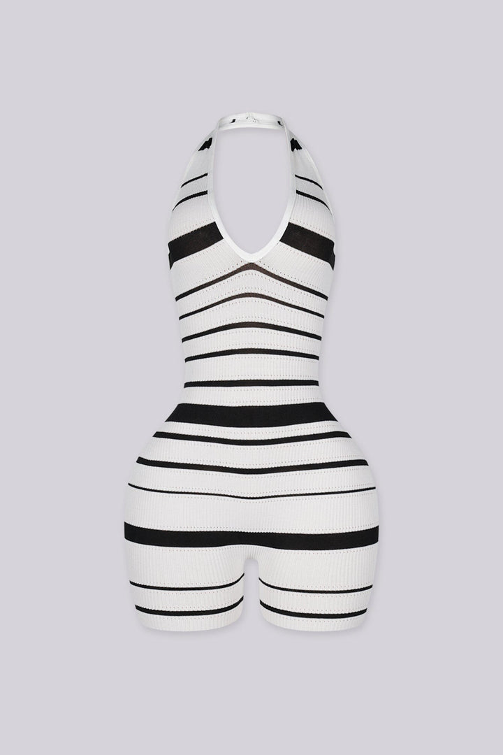 Striped knit halter romper with a deep plunge neckline
Open back with crisscross lace-up detailing closure