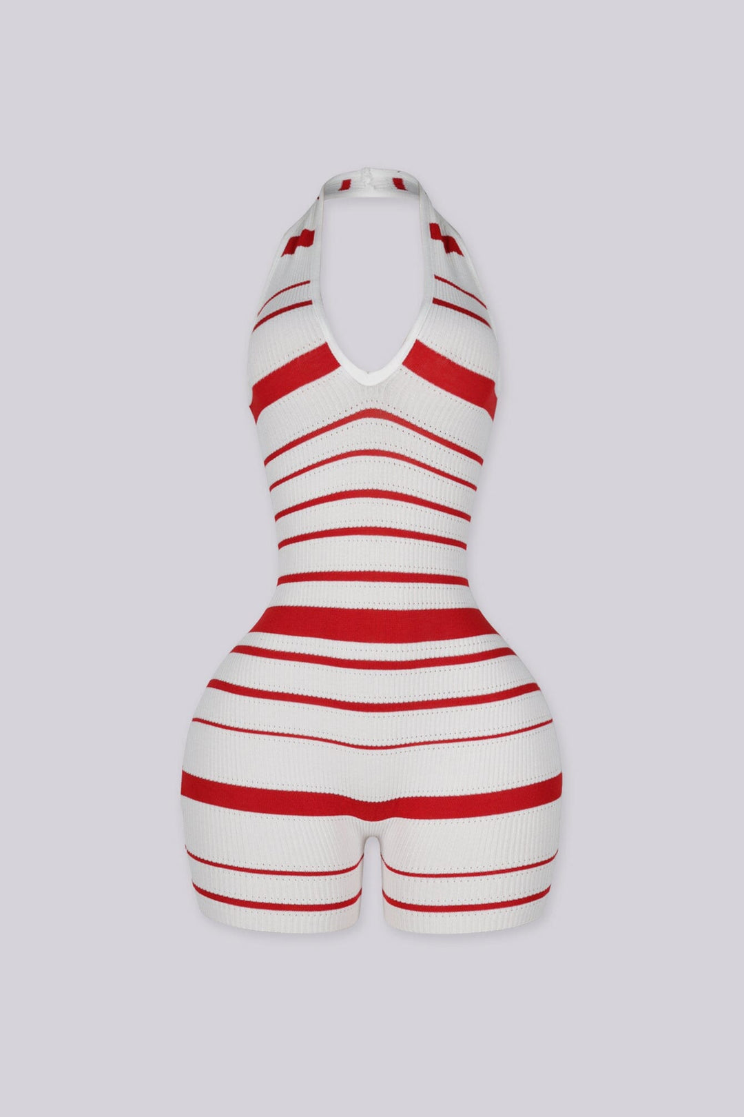 Striped knit halter romper with a deep plunge neckline
Open back with crisscross lace-up detailing closure