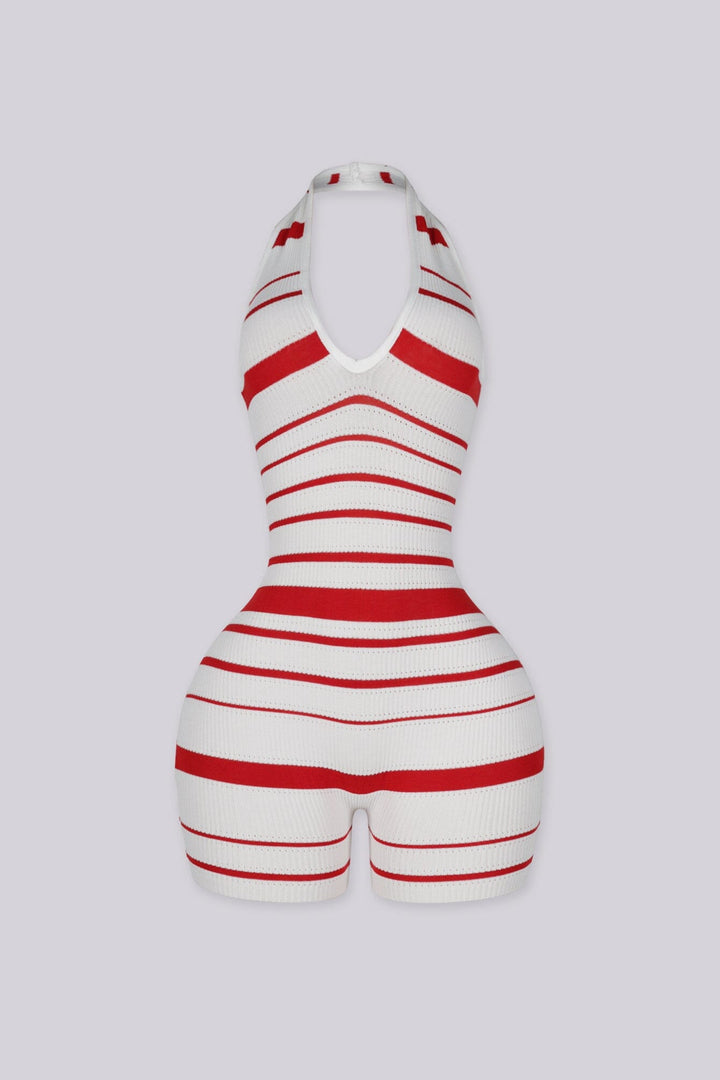 Striped knit halter romper with a deep plunge neckline
Open back with crisscross lace-up detailing closure