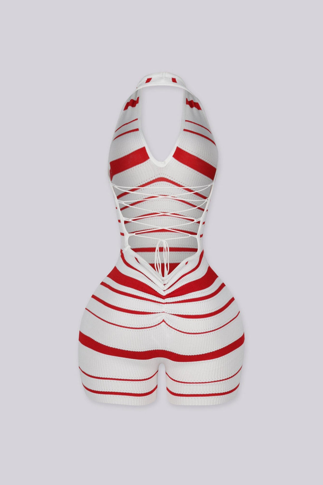 Striped knit halter romper with a deep plunge neckline
Open back with crisscross lace-up detailing closure
