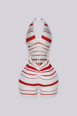 Striped knit halter romper with a deep plunge neckline
Open back with crisscross lace-up detailing closure