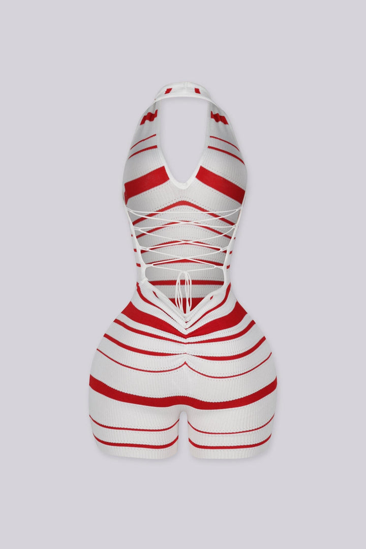 Striped knit halter romper with a deep plunge neckline
Open back with crisscross lace-up detailing closure