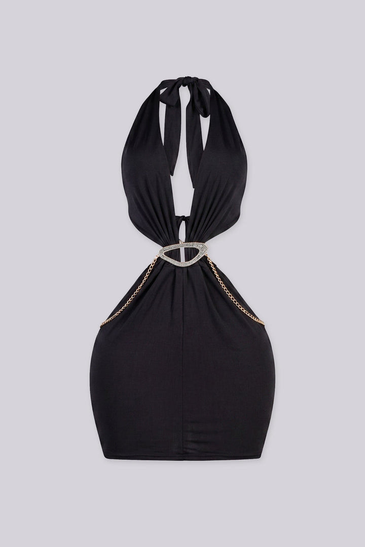 Plunging halter mini dress with dramatic side cut-outs
Asymmetrical gold ring detail with edgy gold chain around the neck