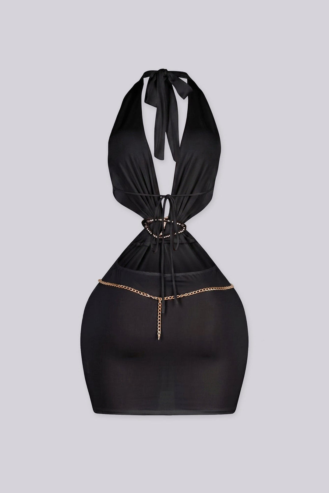 Plunging halter mini dress with dramatic side cut-outs
Asymmetrical gold ring detail with edgy gold chain around the neck