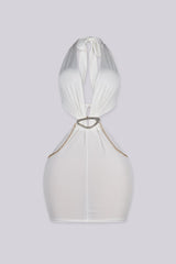 Plunging halter mini dress with dramatic side cut-outs
Asymmetrical gold ring detail with edgy gold chain around the neck
