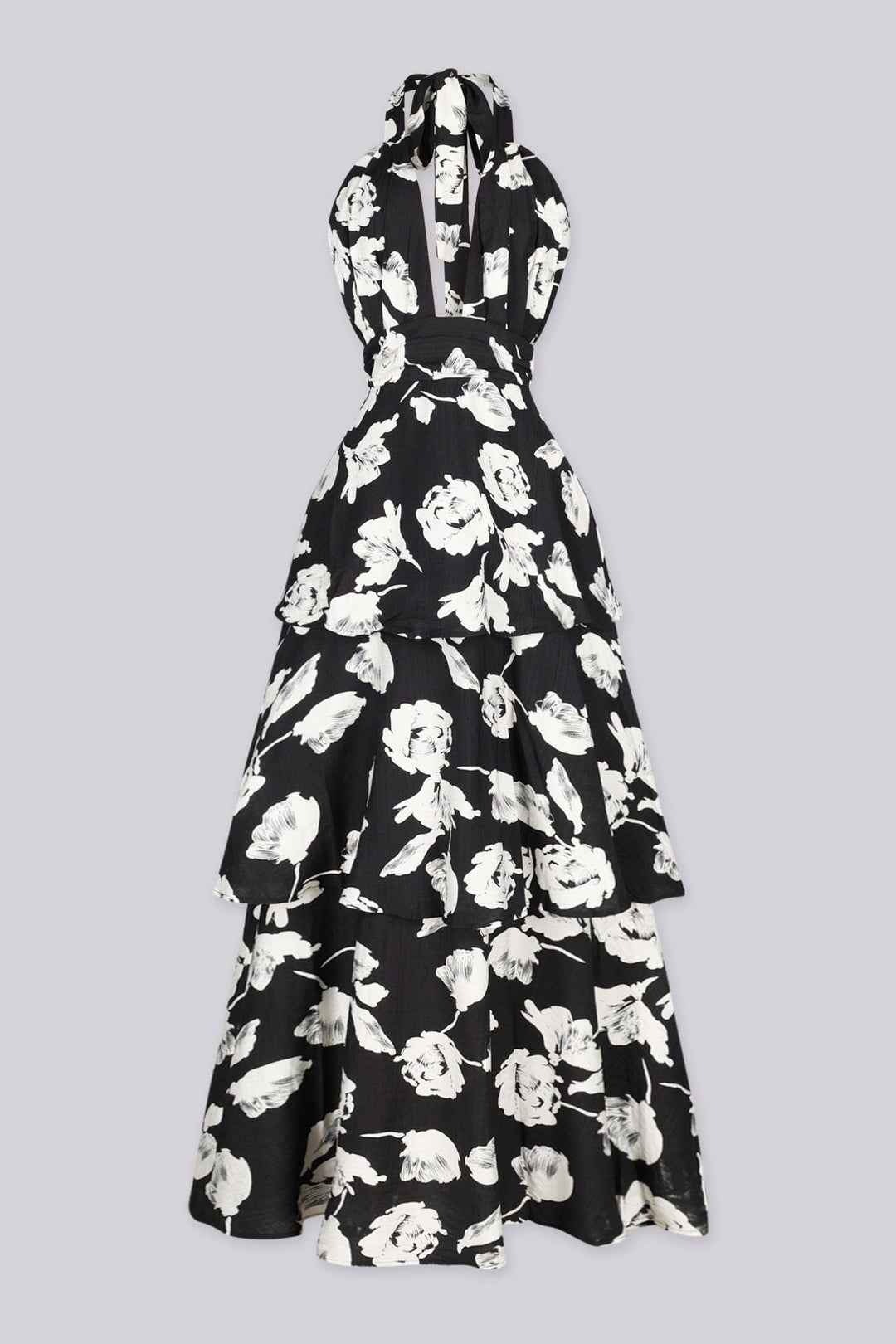 EDGE — black and white floral print tiered maxi dress, front view flat lay