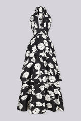 EDGE — black and white floral print tiered maxi dress, front view flat lay