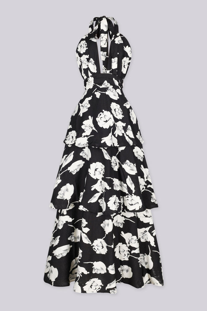 EDGE — black and white floral print tiered maxi dress, front view flat lay