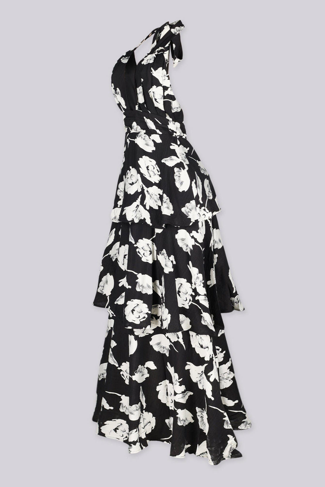 EDGE — black and white floral print tiered maxi dress, side view flat lay