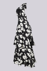 EDGE — black and white floral print tiered maxi dress, side view flat lay