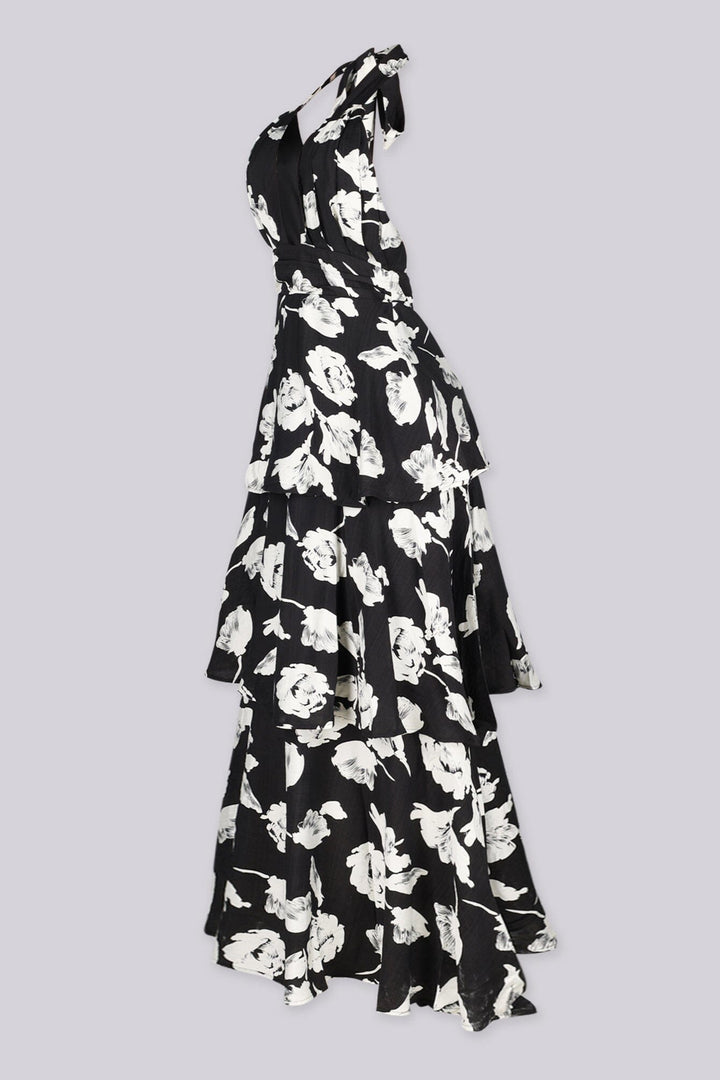 EDGE — black and white floral print tiered maxi dress, side view flat lay