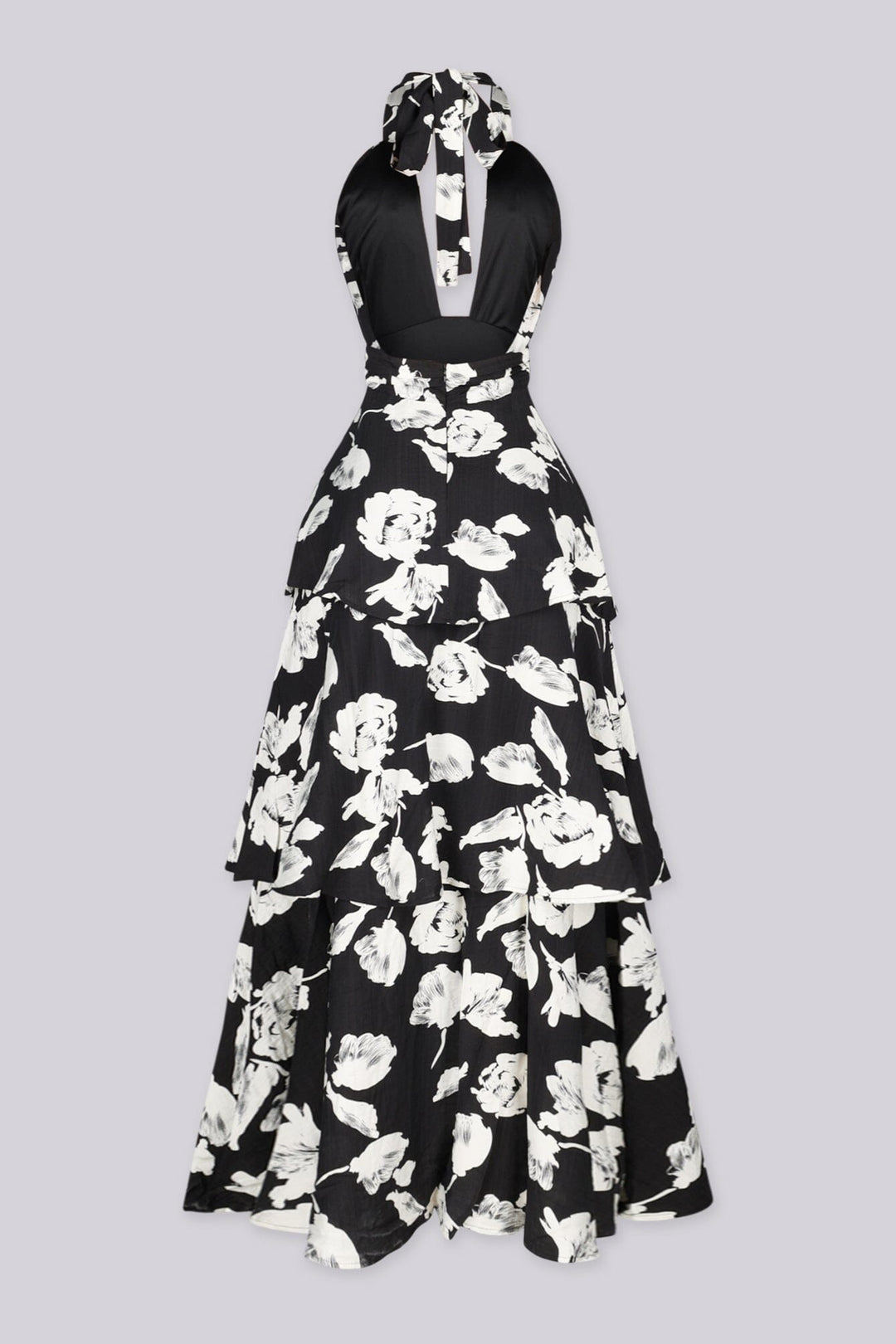EDGE — black and white floral print tiered maxi dress, front view flat lay showing halter tie neckline