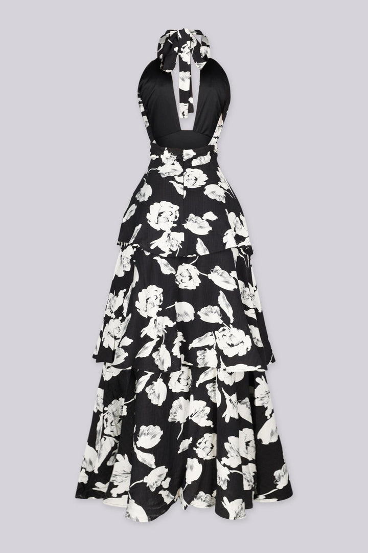 EDGE — black and white floral print tiered maxi dress, front view flat lay showing halter tie neckline
