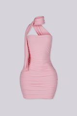 Fitted mini dress with heavy horizontal ruching along the torso and hip throughout
Attached halter neck scarf band with asymmetrical neckline detailing