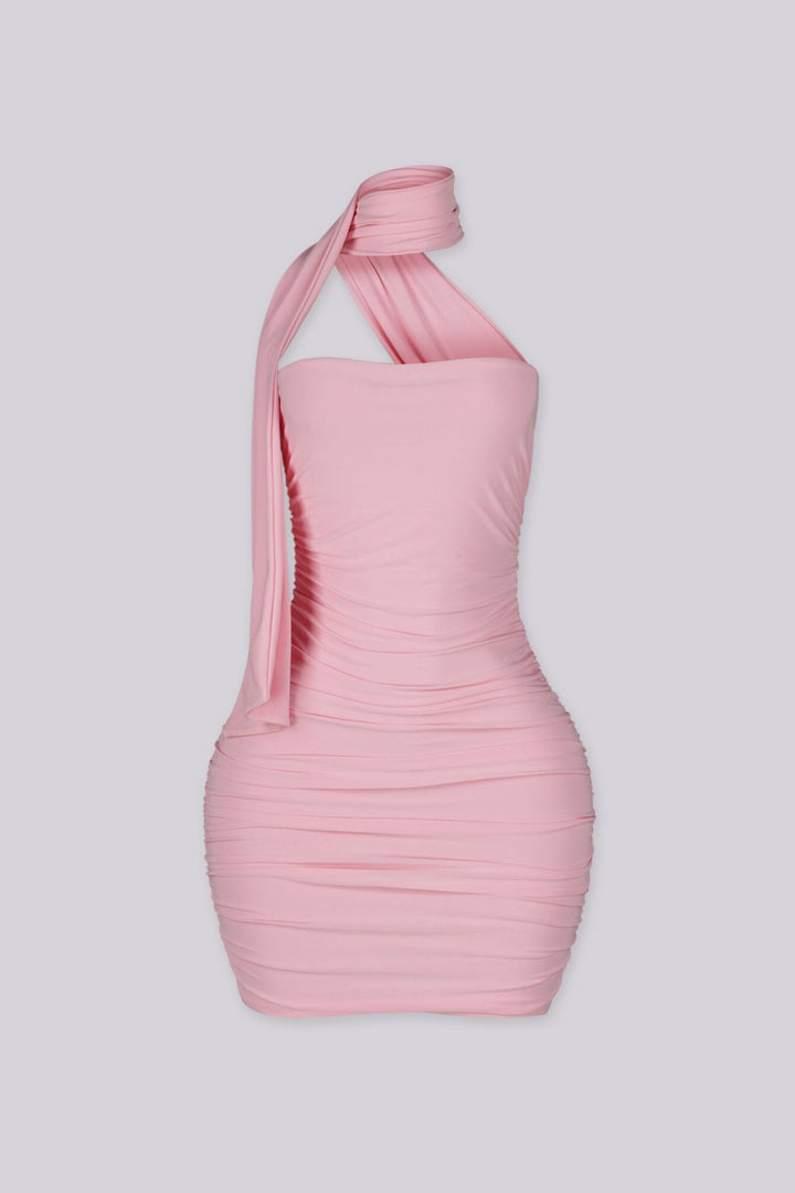Fitted mini dress with heavy horizontal ruching along the torso and hip throughout
Attached halter neck scarf band with asymmetrical neckline detailing