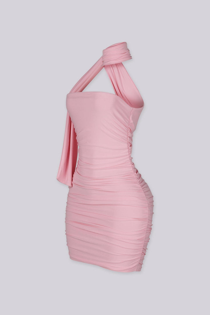 Fitted mini dress with heavy horizontal ruching along the torso and hip throughout
Attached halter neck scarf band with asymmetrical neckline detailing