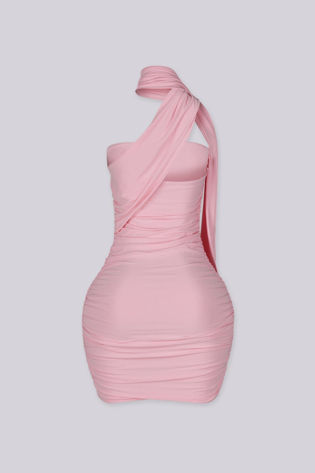 Fitted mini dress with heavy horizontal ruching along the torso and hip throughout
Attached halter neck scarf band with asymmetrical neckline detailing