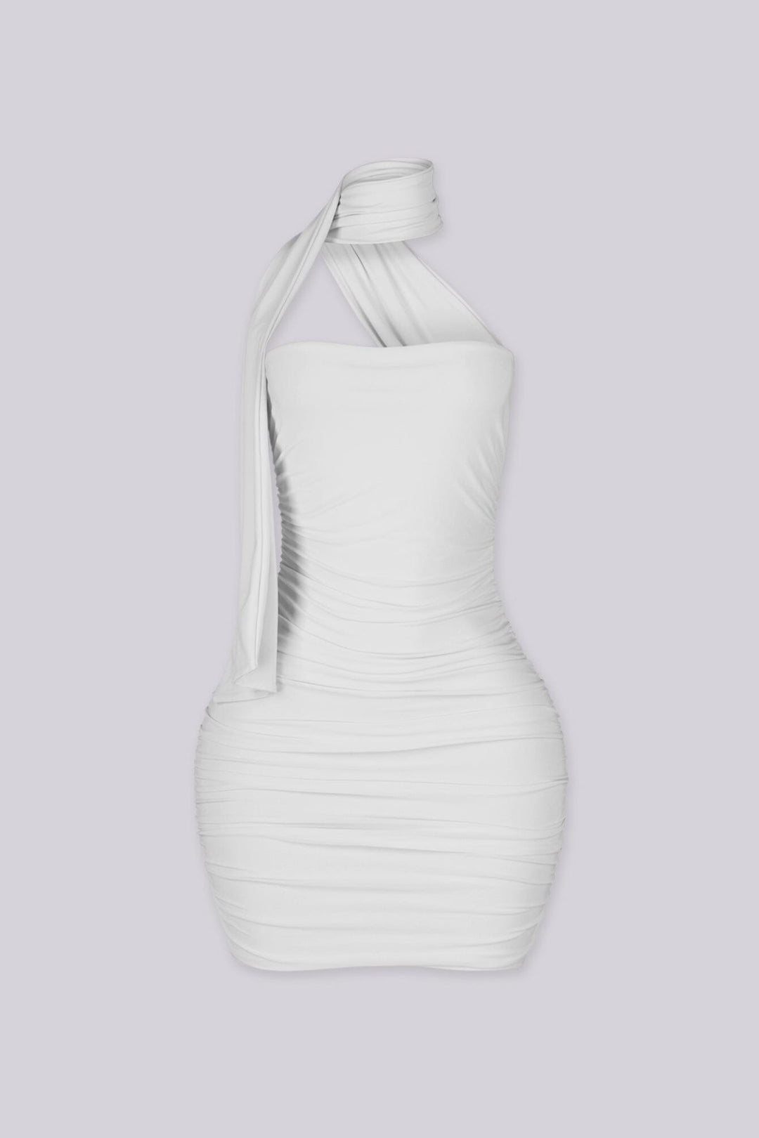 Fitted mini dress with heavy horizontal ruching along the torso and hip throughout
Attached halter neck scarf band with asymmetrical neckline detailing