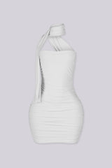 Fitted mini dress with heavy horizontal ruching along the torso and hip throughout
Attached halter neck scarf band with asymmetrical neckline detailing