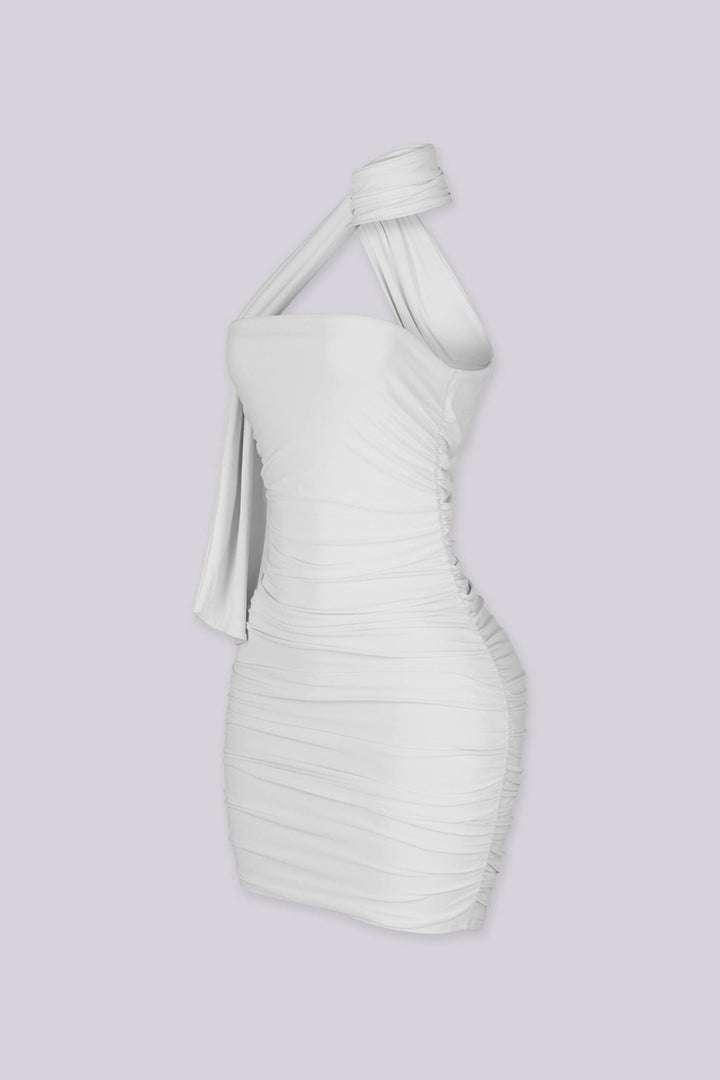 Fitted mini dress with heavy horizontal ruching along the torso and hip throughout
Attached halter neck scarf band with asymmetrical neckline detailing