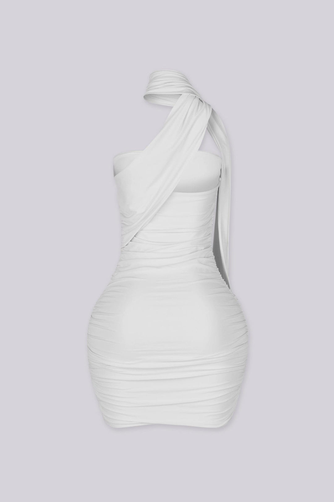 Fitted mini dress with heavy horizontal ruching along the torso and hip throughout
Attached halter neck scarf band with asymmetrical neckline detailing