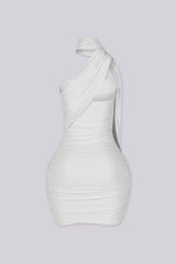 Fitted mini dress with heavy horizontal ruching along the torso and hip throughout
Attached halter neck scarf band with asymmetrical neckline detailing