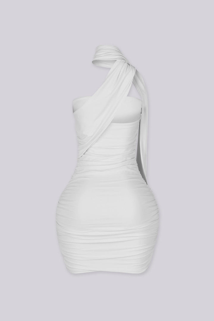 Fitted mini dress with heavy horizontal ruching along the torso and hip throughout
Attached halter neck scarf band with asymmetrical neckline detailing