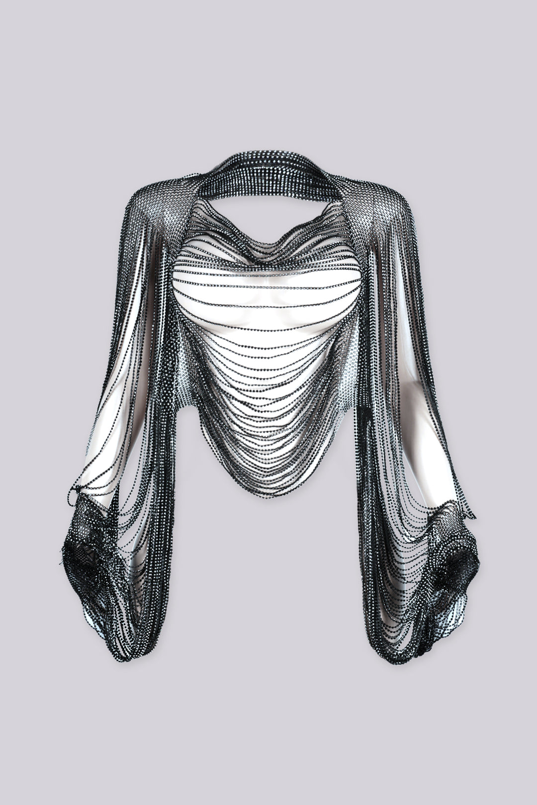Draped cropped cover up top featuring fully beaded rhinestone chain throughout, Long dramatic sleeves cascade into fringe tails