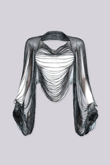 Draped cropped cover up top featuring fully beaded rhinestone chain throughout, Long dramatic sleeves cascade into fringe tails