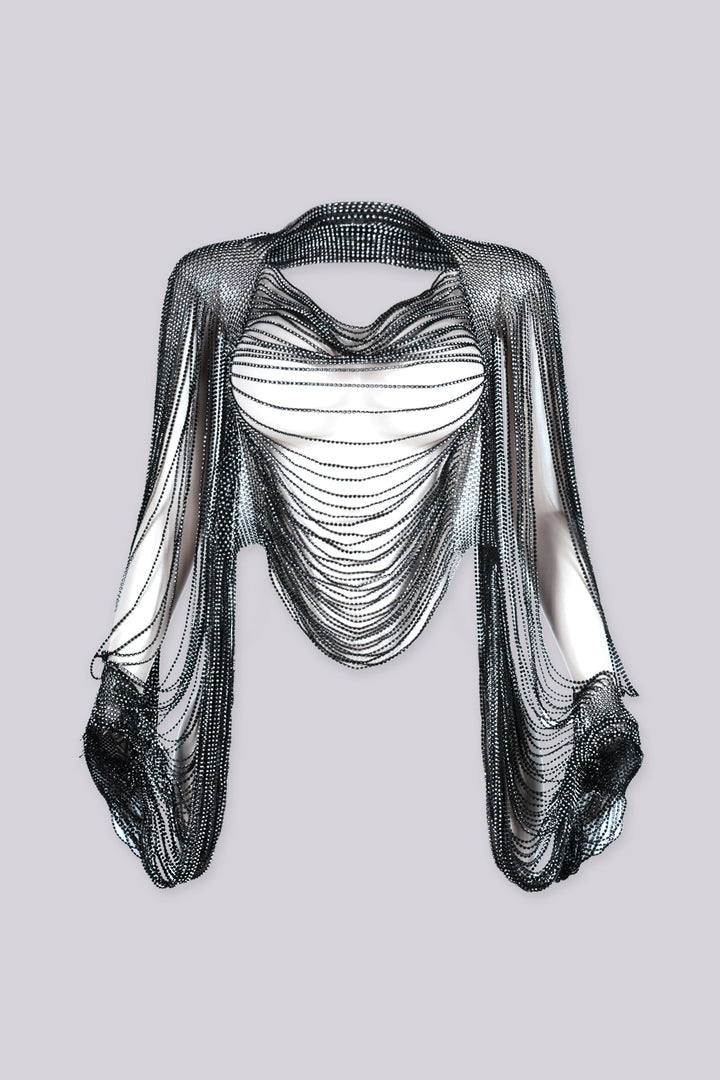 Draped cropped cover up top featuring fully beaded rhinestone chain throughout, Long dramatic sleeves cascade into fringe tails