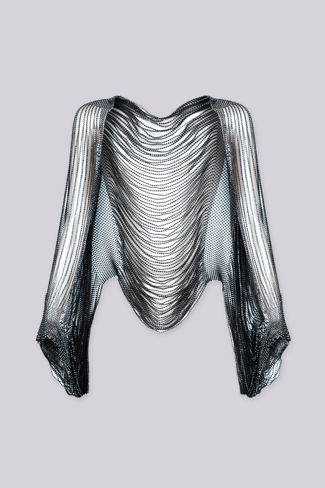 Draped cropped cover up top featuring fully beaded rhinestone chain throughout, Long dramatic sleeves cascade into fringe tails
