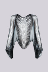 Draped cropped cover up top featuring fully beaded rhinestone chain throughout, Long dramatic sleeves cascade into fringe tails
