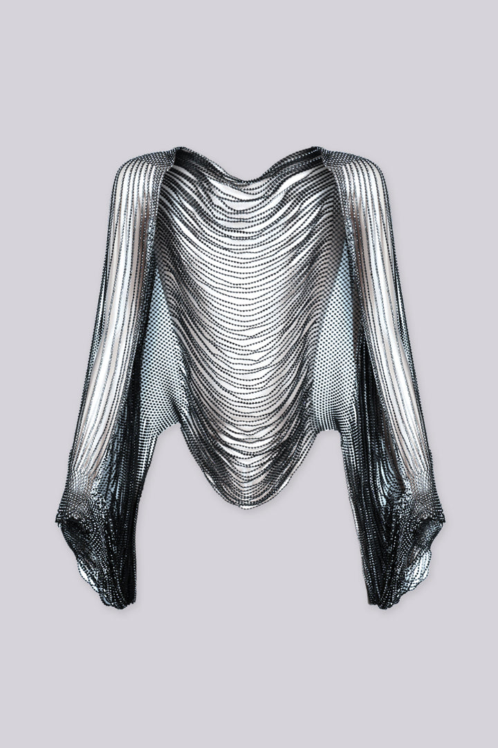 Draped cropped cover up top featuring fully beaded rhinestone chain throughout, Long dramatic sleeves cascade into fringe tails