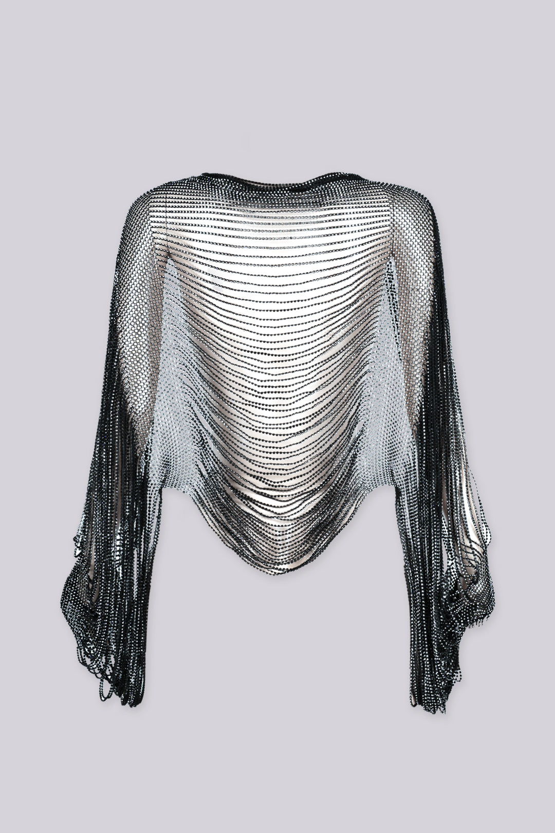 Draped cropped cover up top featuring fully beaded rhinestone chain throughout, Long dramatic sleeves cascade into fringe tails