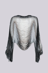 Draped cropped cover up top featuring fully beaded rhinestone chain throughout, Long dramatic sleeves cascade into fringe tails