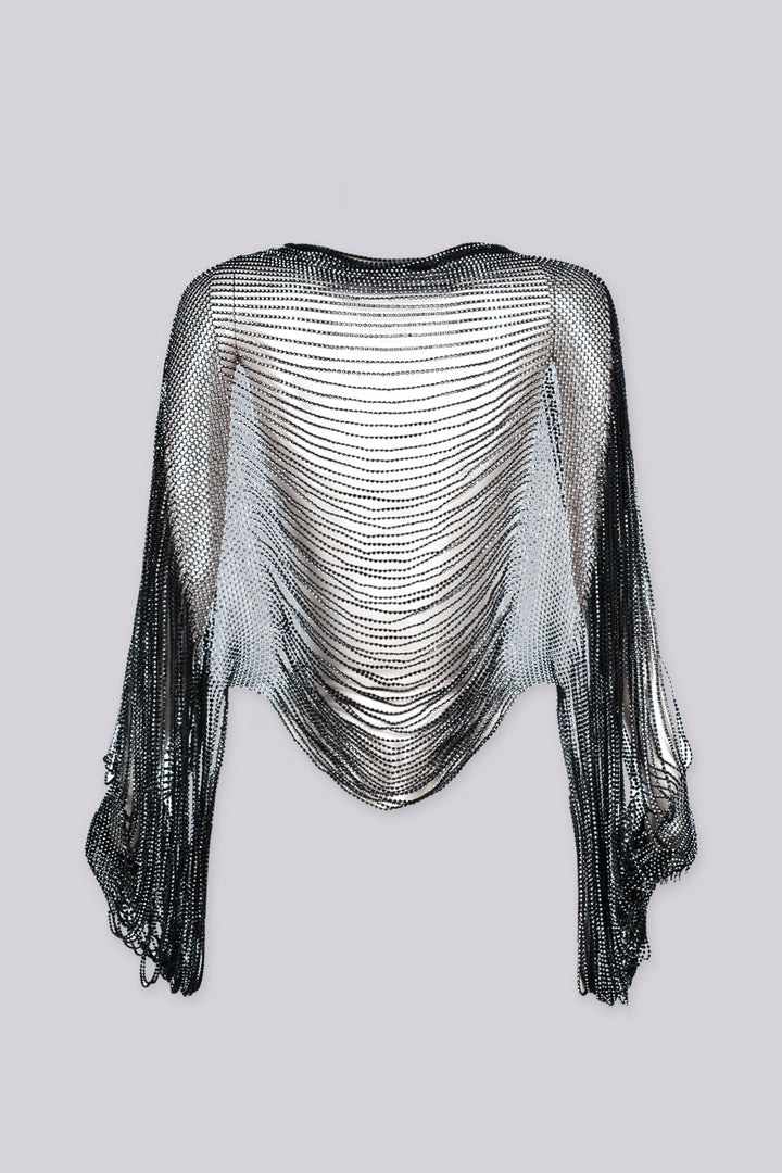 Draped cropped cover up top featuring fully beaded rhinestone chain throughout, Long dramatic sleeves cascade into fringe tails