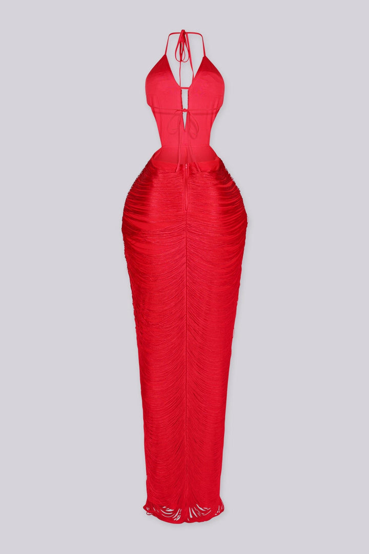 EDGEBYKS - Fringe tassel maxi dress with a plunging halter neckline, red back view