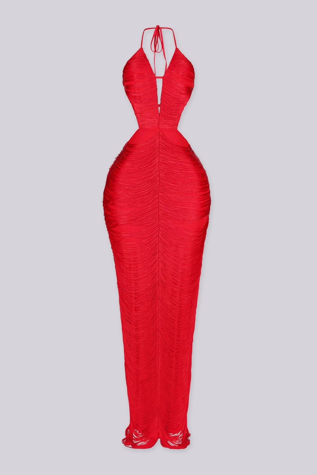 EDGEBYKS - Fringe tassel maxi dress with a plunging halter neckline, red front view