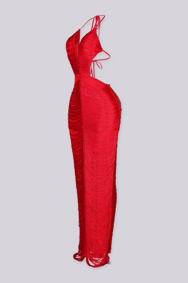 EDGEBYKS - Fringe tassel maxi dress with a plunging halter neckline, red side view